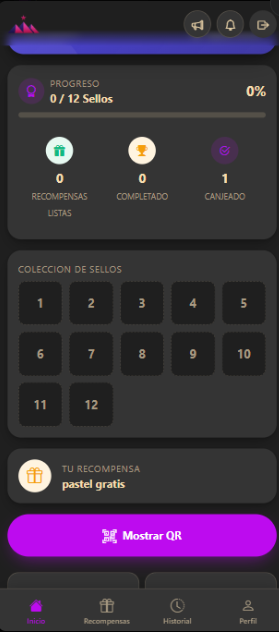Tarjeta de sellos del cliente con progreso y botón de QR.