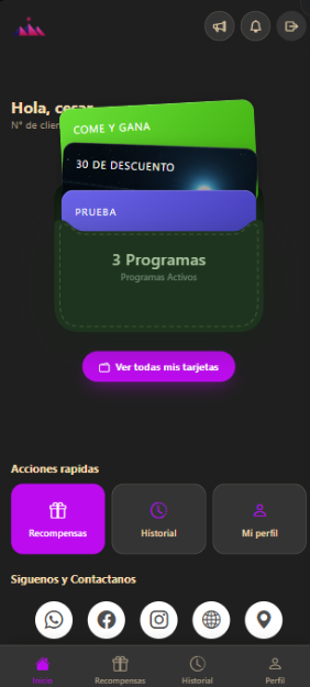Pantalla de inicio del cliente con sus tarjetas apiladas.
